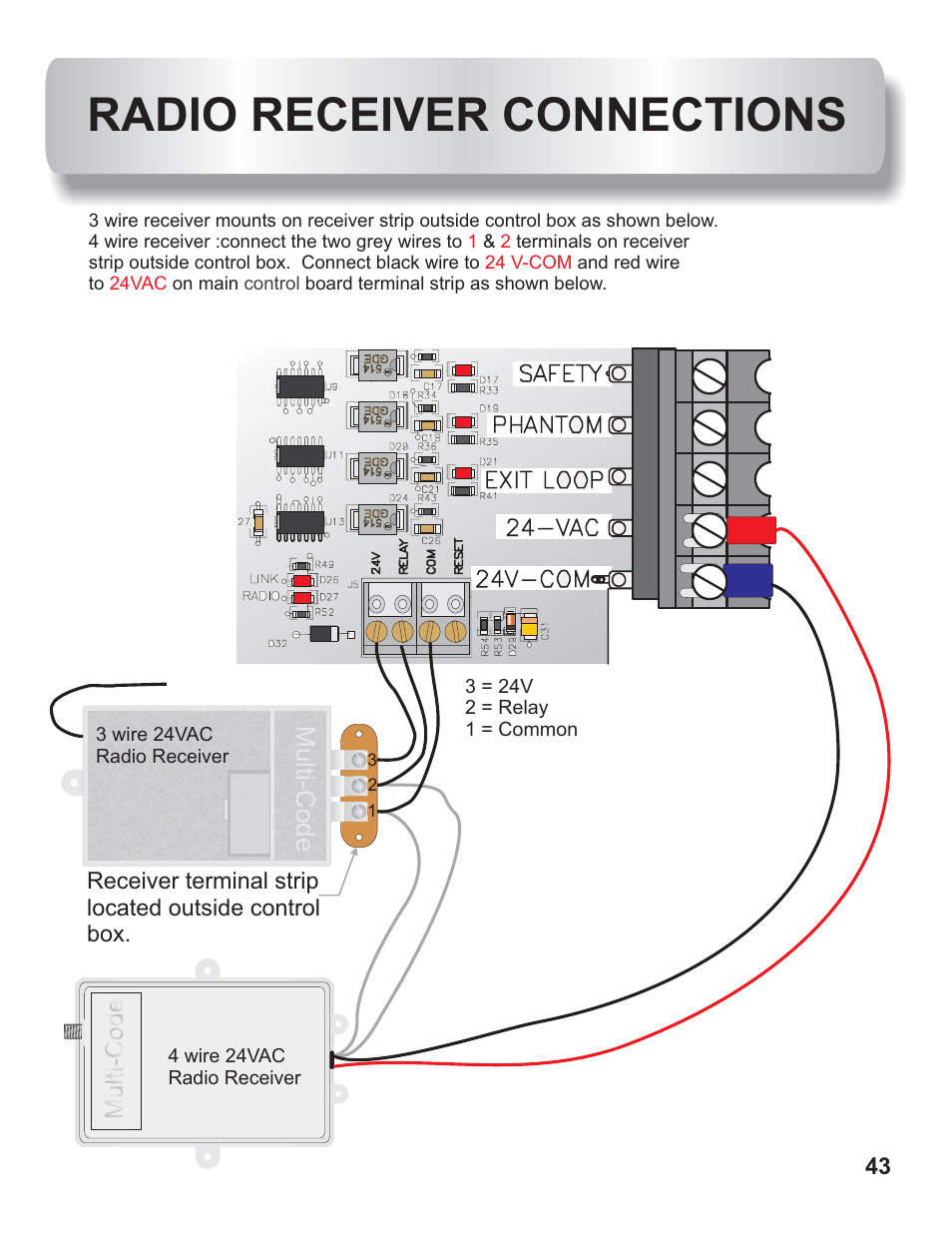 Radio receiver hookup, Radio receiver connections, Multi-code | Controlled Products Systems Group AOMSL100 User Manual | Page 23 / 27