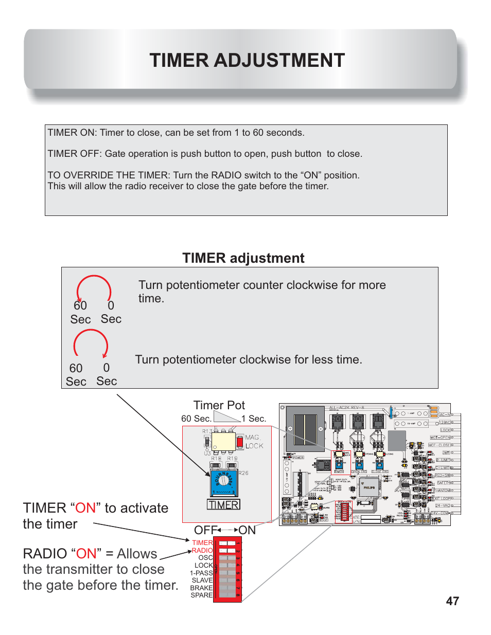 Timer adjustment, Off on, 60 sec. 1 sec | Philips on, Timer radio osc lock 1-pass slave brake spare | Controlled Products Systems Group AOMSL100 User Manual | Page 25 / 27