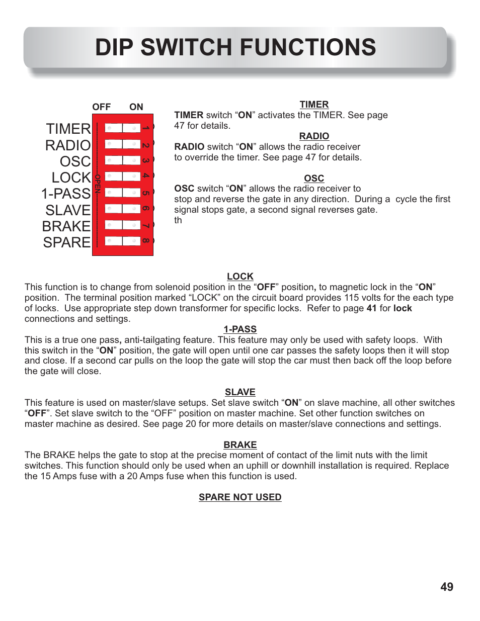 Dip switch functions, Timer radio osc lock 1-pass slave brake spare | Controlled Products Systems Group AOMSL100 User Manual | Page 26 / 27