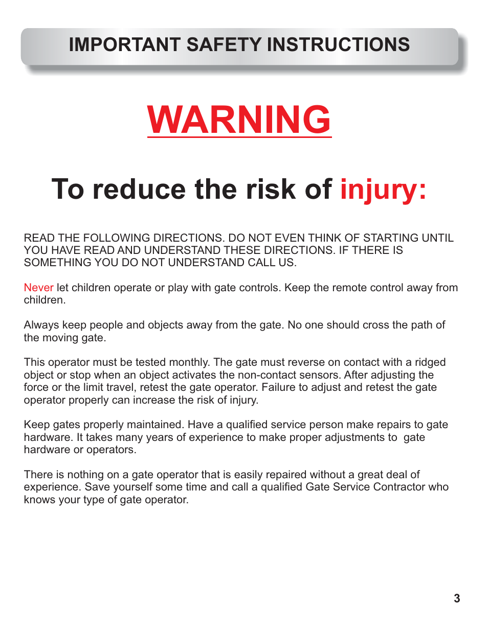 Different ul 325 class types, Warning, Injury | Important safety instructions | Controlled Products Systems Group AOMSL100 User Manual | Page 3 / 27