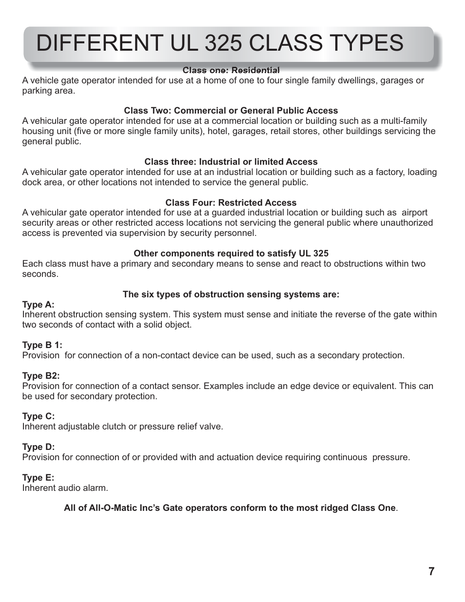 Different ul 325 class types | Controlled Products Systems Group AOMSL100 User Manual | Page 5 / 27