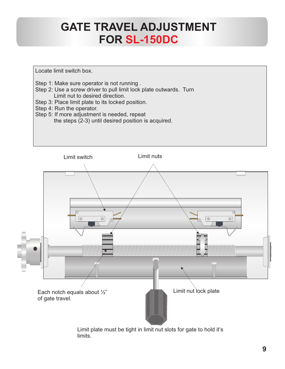 Gate travel adjustment for sl-150dc | Controlled Products Systems Group AOMSL100DC User Manual | Page 10 / 28