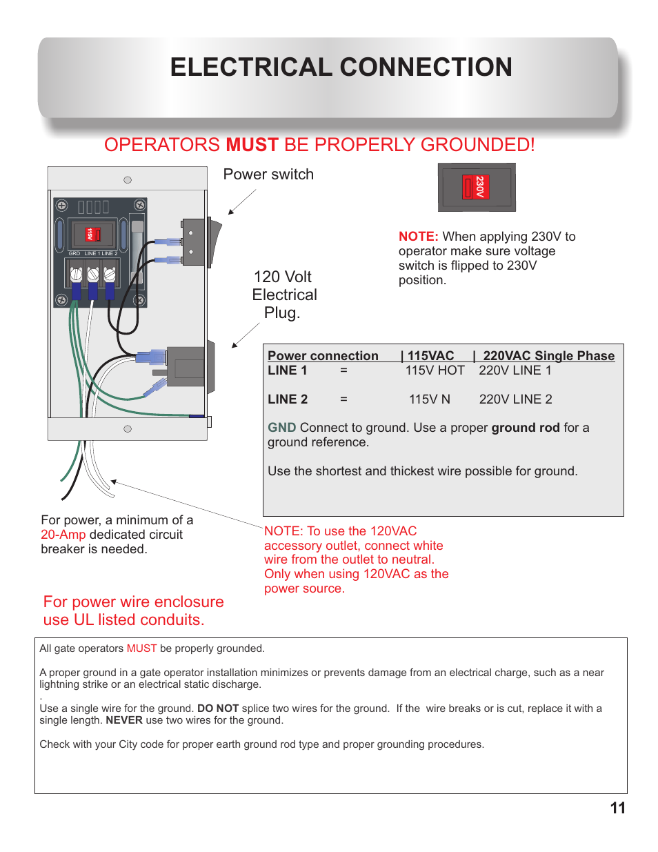 Electrical connection, Operators must be properly grounded, 120 volt electrical plug | For power wire enclosure use ul listed conduits, Power switch | Controlled Products Systems Group AOMSL100DC User Manual | Page 12 / 28