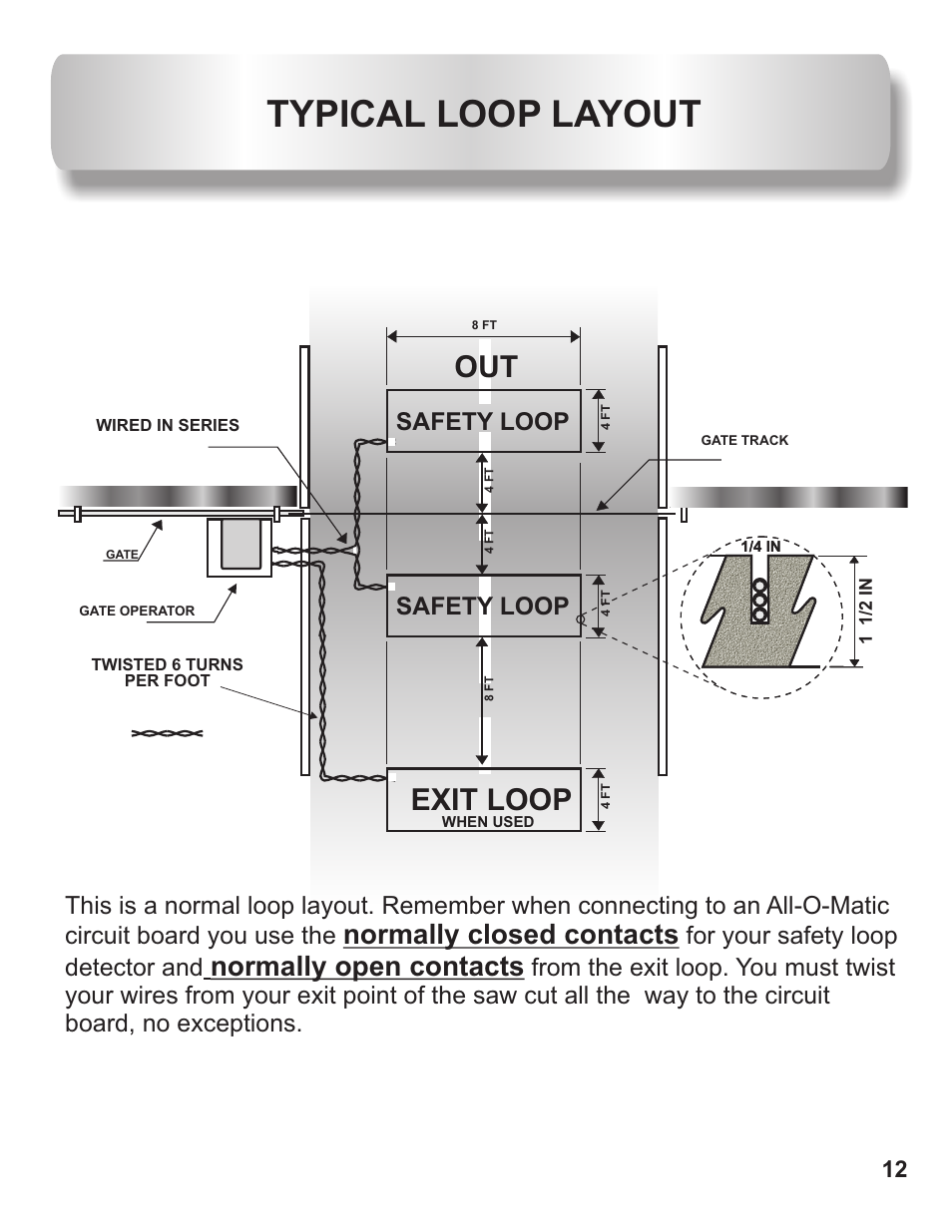Typical loop layout, Exit loop, Normally closed contacts | Normally open contacts, Safety loop, For your safety loop detector and | Controlled Products Systems Group AOMSL100DC User Manual | Page 13 / 28