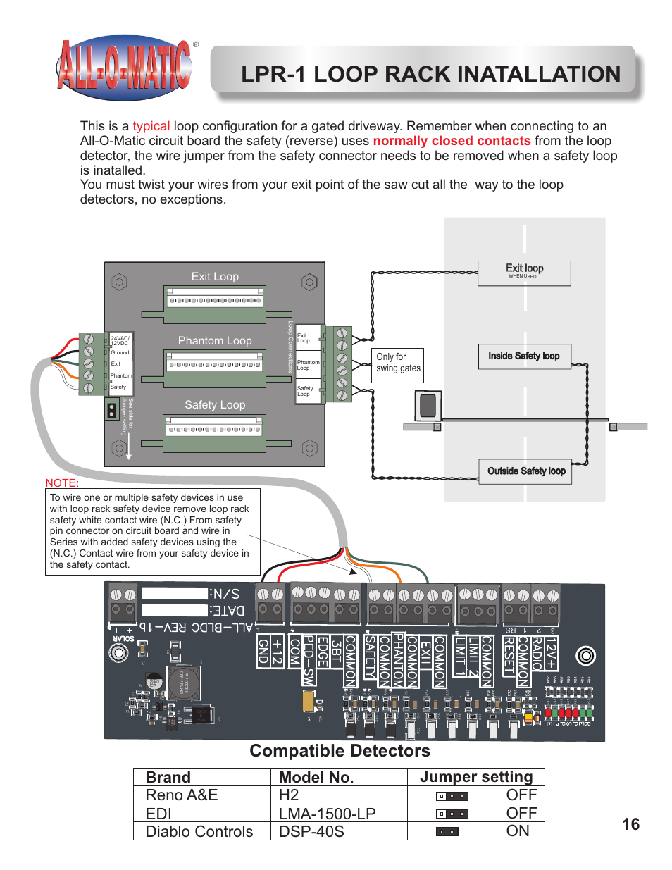 Lpr-1 loop rack inatallation, Compatible detectors, Exit loop phantom loop safety loop | Xit loop exit loop e | Controlled Products Systems Group AOMSL100DC User Manual | Page 17 / 28