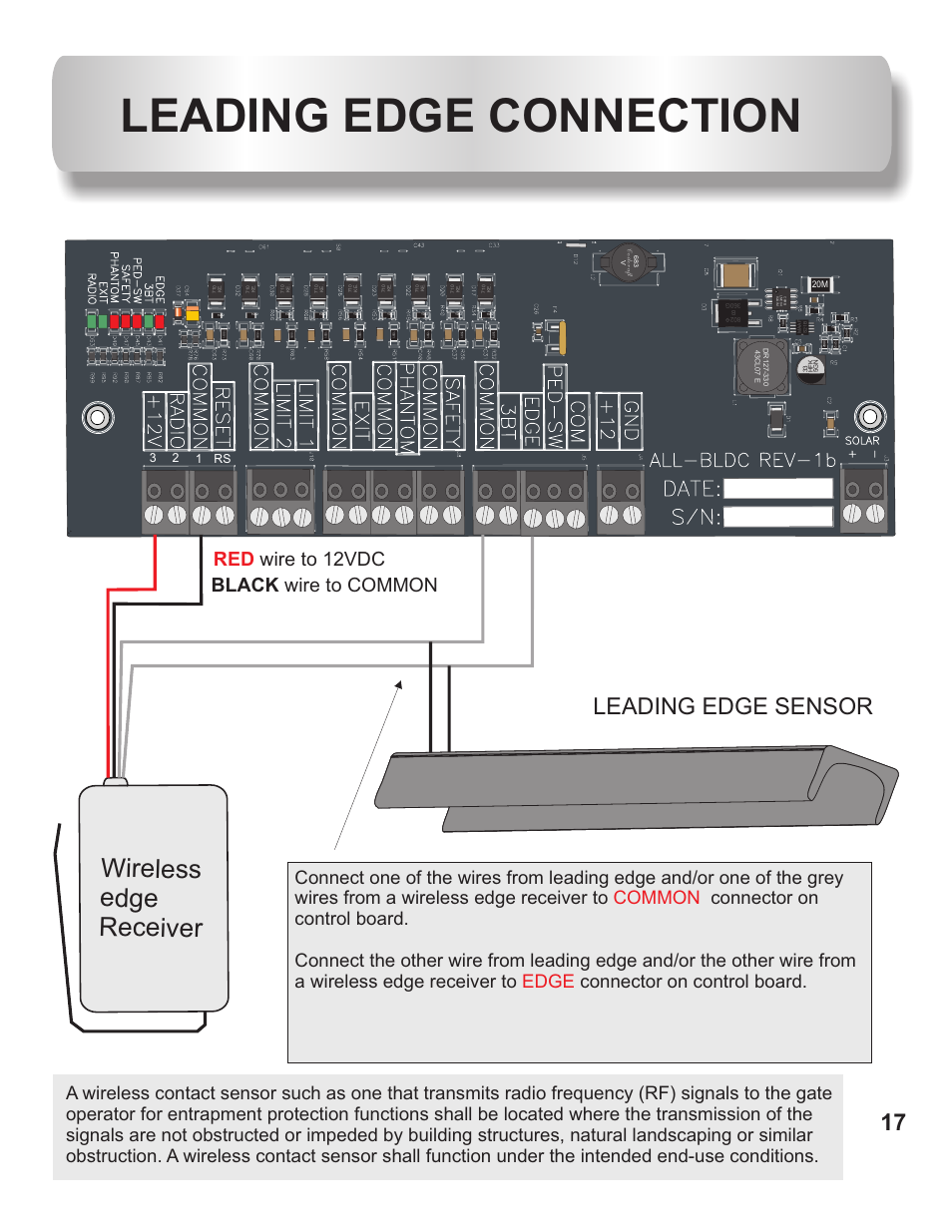 Leading edge connection, Wireless edge receiver, Leading edge sensor | Wire to 12vdc red black wire to common, 12 3 rs | Controlled Products Systems Group AOMSL100DC User Manual | Page 18 / 28
