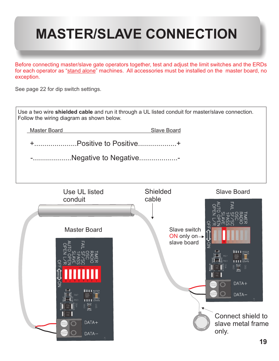 Master/slave connection, Positive to positive, Negative to negative | Master board slave board, Slave switch only on slave board on | Controlled Products Systems Group AOMSL100DC User Manual | Page 20 / 28