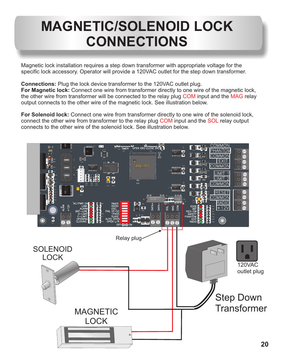 Magnetic/solenoid lock connections, Step down transformer, Solenoid lock | 120vac outlet plug, Relay plug, Ph i s il p ph i s il p | Controlled Products Systems Group AOMSL100DC User Manual | Page 21 / 28