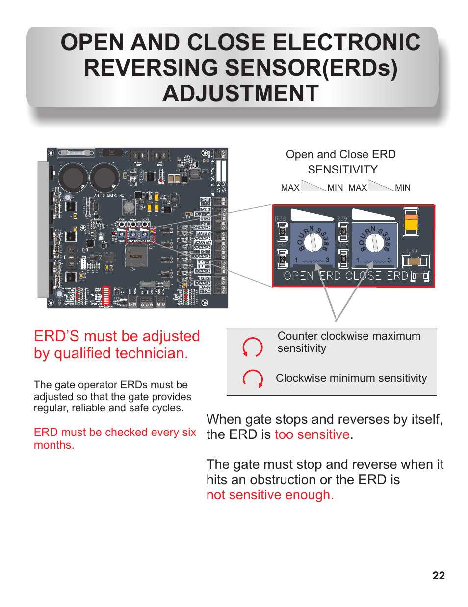 Erd’s must be adjusted by qualified technician, Sensitivity, Erd must be checked every six months | Open and close erd, Max min min | Controlled Products Systems Group AOMSL100DC User Manual | Page 23 / 28