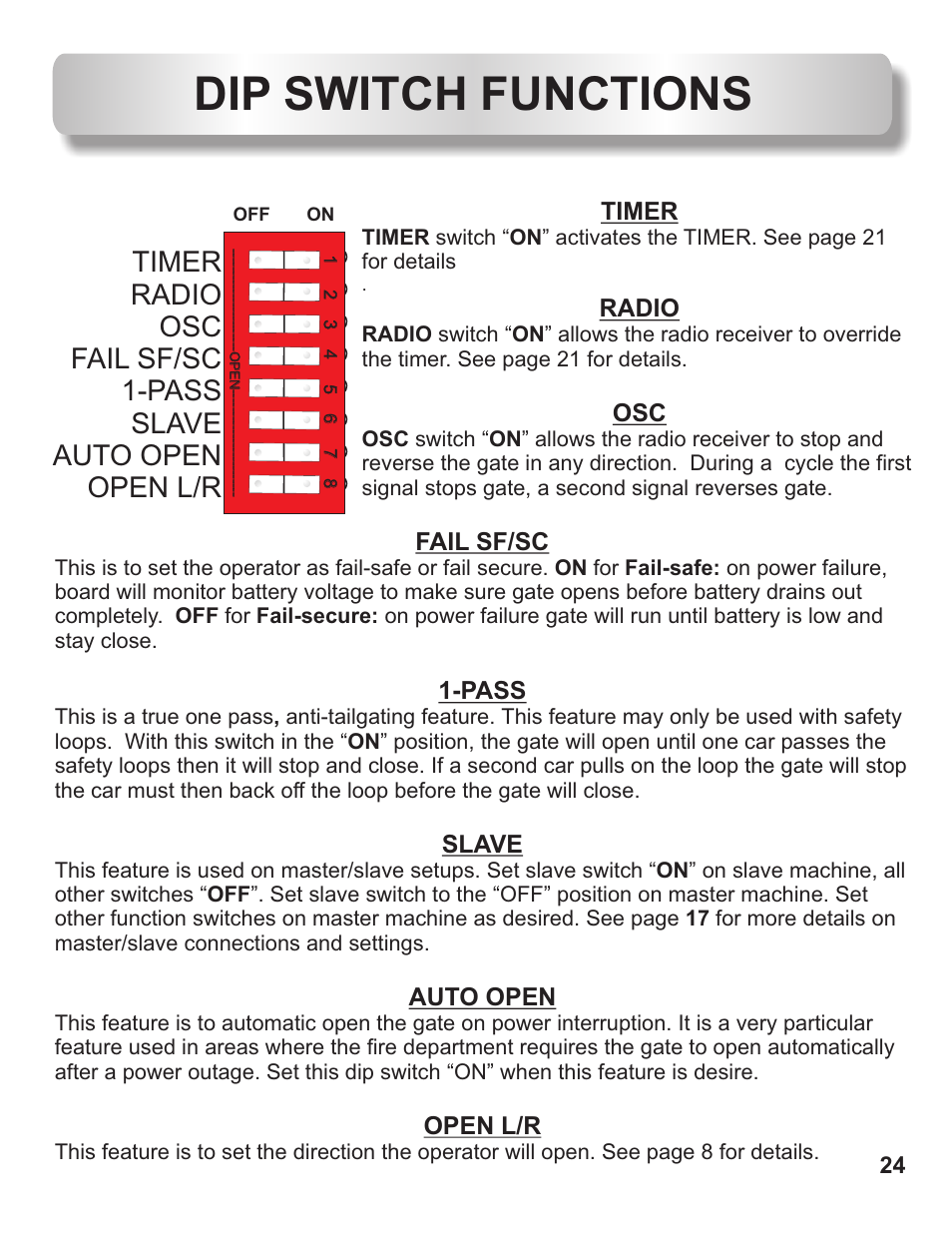 Dip switch functions, Timer, Radio | Fail sf/sc, Pass, Slave, Auto open, Open l/r | Controlled Products Systems Group AOMSL100DC User Manual | Page 25 / 28