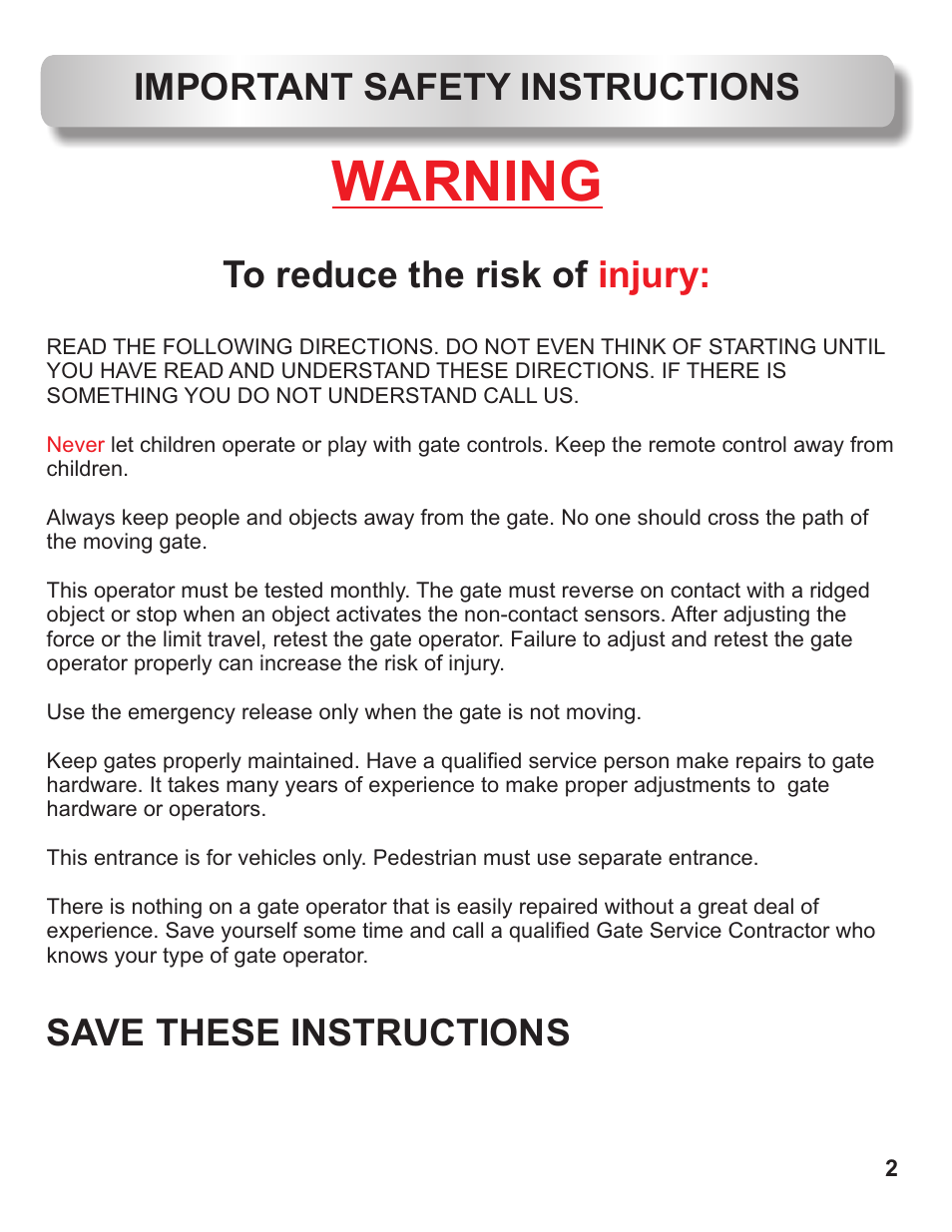 Warning, Injury, Save these instructions | Controlled Products Systems Group AOMSL100DC User Manual | Page 3 / 28