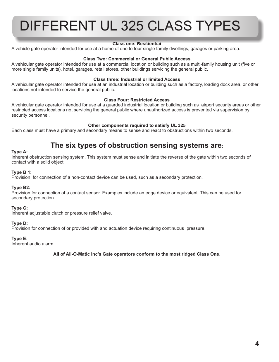 Different ul 325 class types, The six types of obstruction sensing systems are | Controlled Products Systems Group AOMSL100DC User Manual | Page 5 / 28
