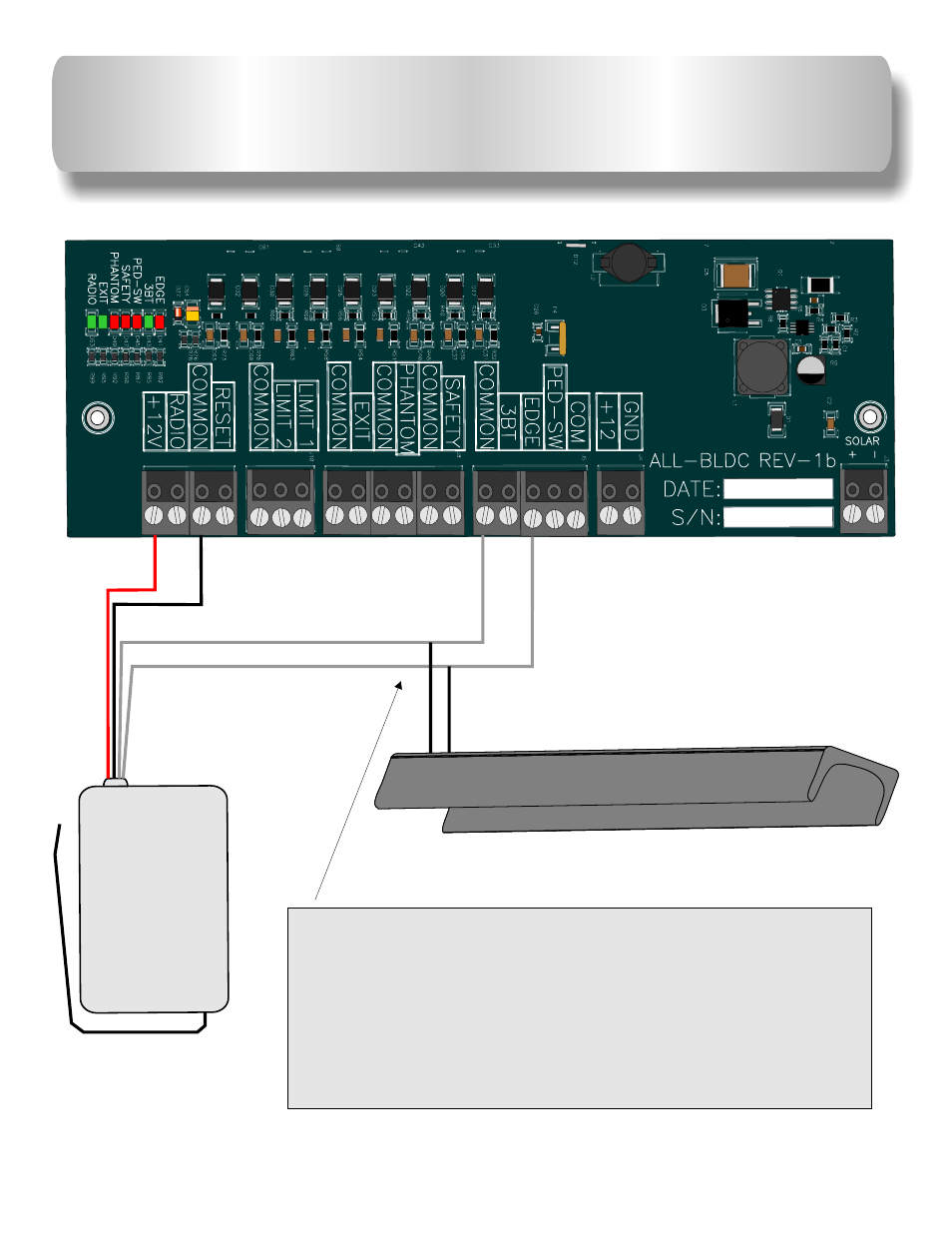 Leading edge connection, Wireless edge receiver, Leading edge sensor | Wire to 12vdc red black wire to common, 12 3 rs | Controlled Products Systems Group AOMSL1501HPDC User Manual | Page 18 / 29