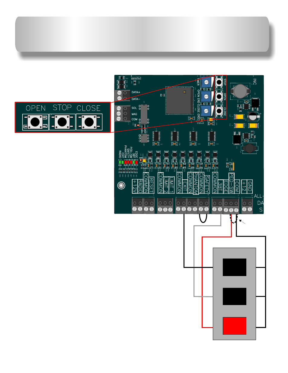 Three button station system, See push button connections below, Ped-sw jumper | Open close stop, N.c. com, 900r3, 91 1c 0 | Controlled Products Systems Group AOMSL1501HPDC User Manual | Page 19 / 29