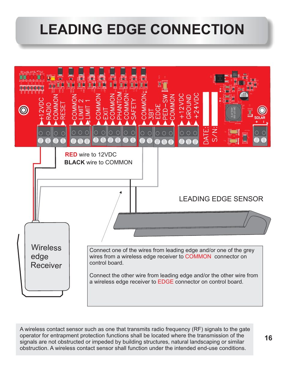 Leading edge connection, Wireless edge receiver, Leading edge sensor | Uv v, Wire to 12vdc red black wire to common | Controlled Products Systems Group AOMSL90DC User Manual | Page 17 / 26