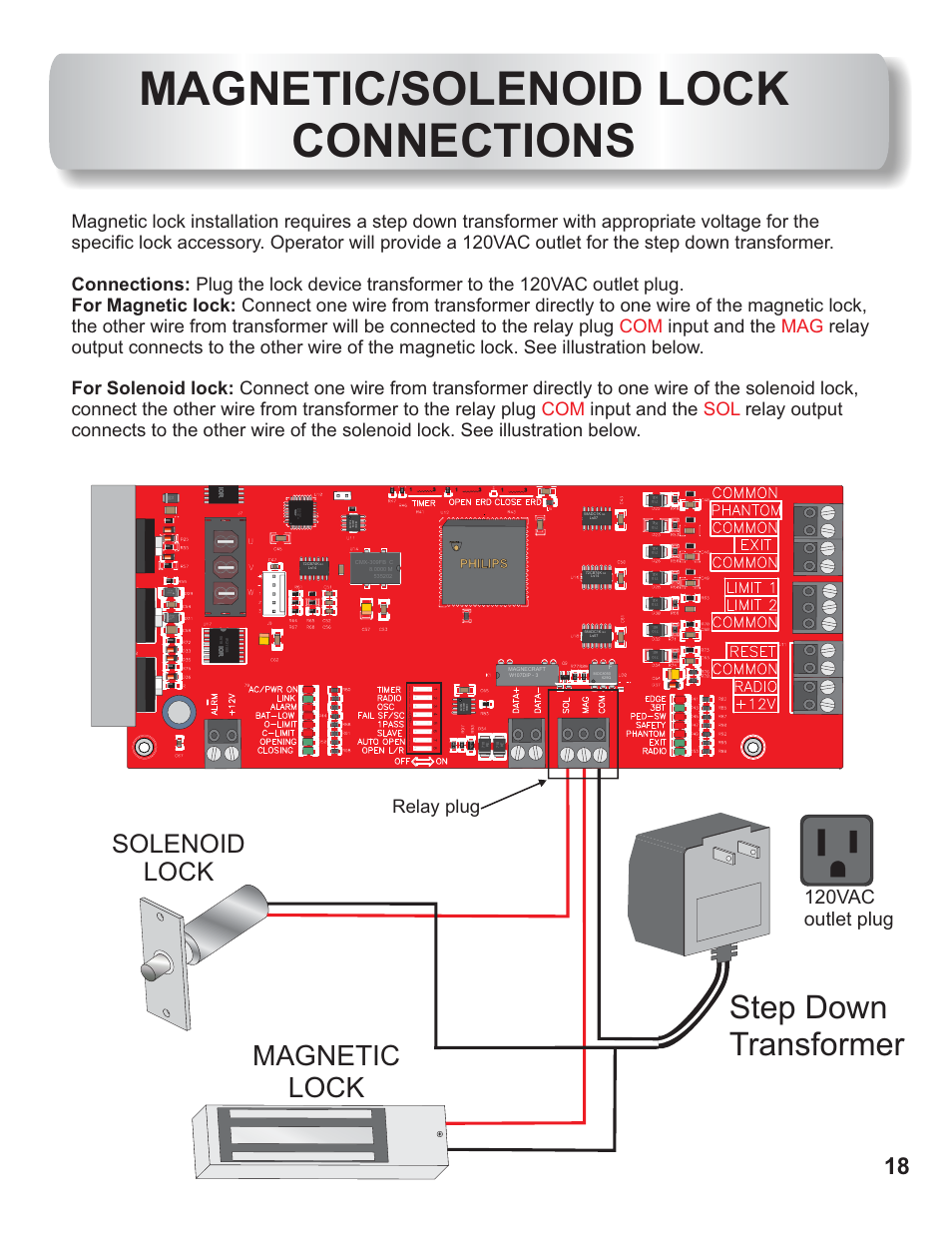 Magnetic/solenoid lock connections, Step down transformer, Magnetic lock | Solenoid lock, 120vac outlet plug, Relay plug, Philips | Controlled Products Systems Group AOMSL90DC User Manual | Page 19 / 26