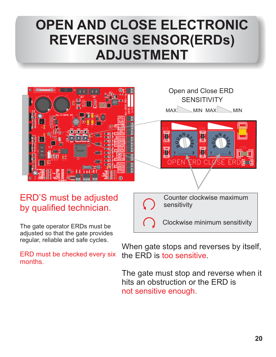 Erd’s must be adjusted by qualified technician, Sensitivity, Erd must be checked every six months | Open and close erd, Max min min | Controlled Products Systems Group AOMSL90DC User Manual | Page 21 / 26