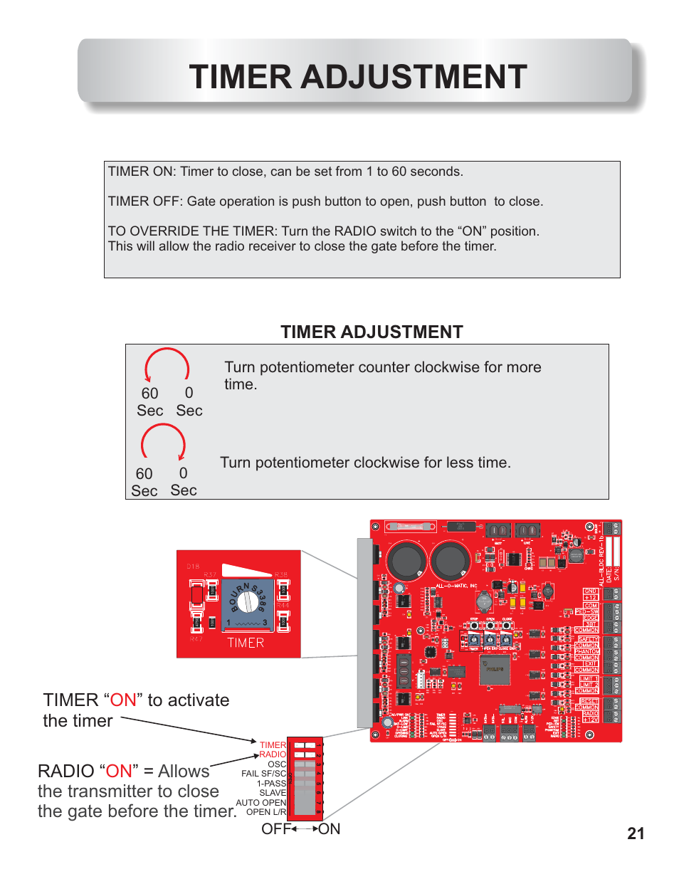 Timer adjustment, Off on | Controlled Products Systems Group AOMSL90DC User Manual | Page 22 / 26