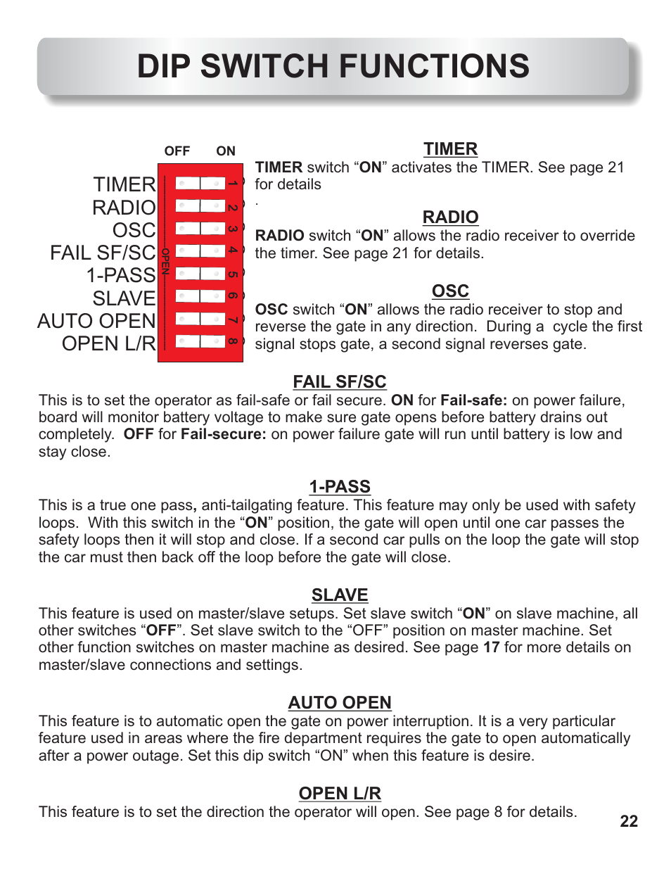 Dip switch functions | Controlled Products Systems Group AOMSL90DC User Manual | Page 23 / 26