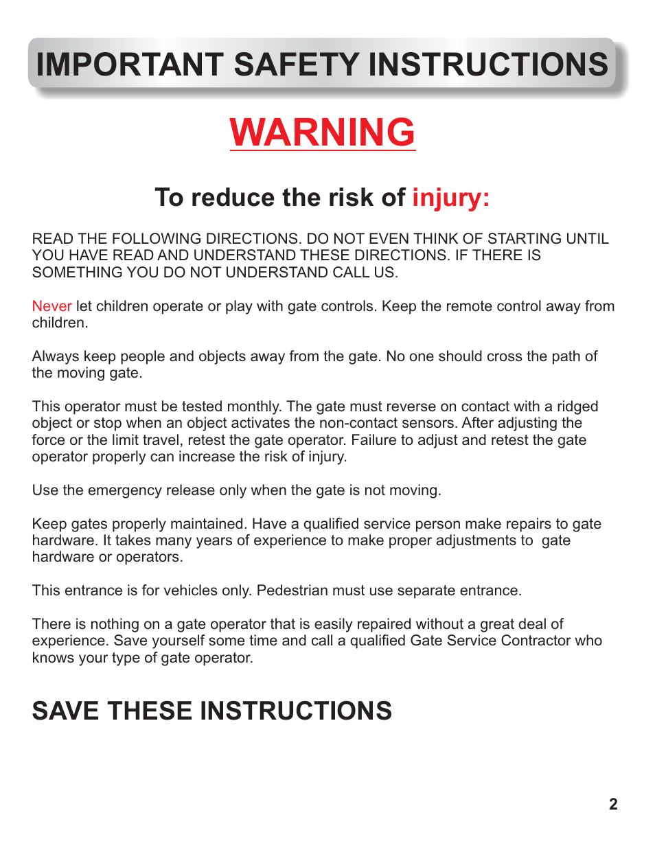 Warning, Important safety instructions, Injury | Save these instructions | Controlled Products Systems Group AOMSL90DC User Manual | Page 3 / 26