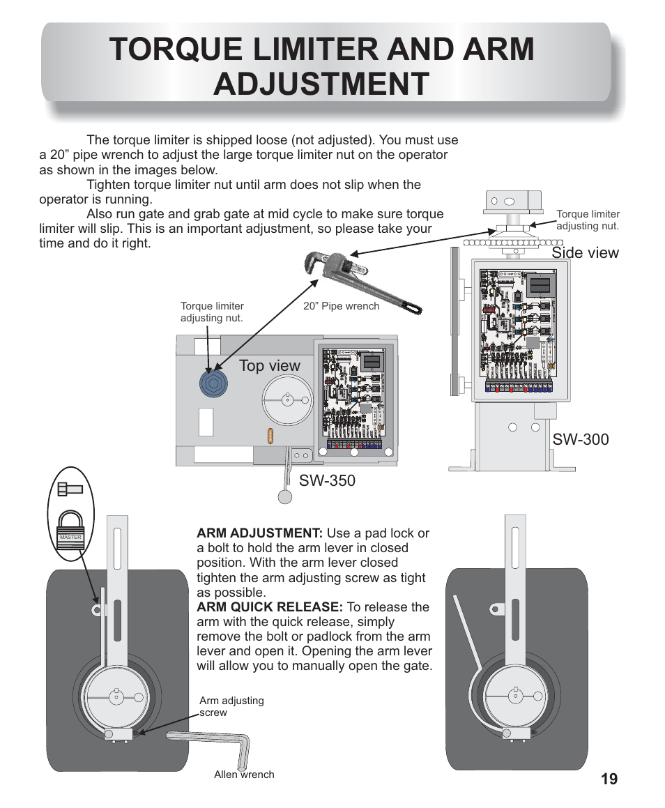 Torque and arm adjustment, Emergency release on sw-300, Torque limiter and arm adjustment | Controlled Products Systems Group AOMSW300 User Manual | Page 12 / 31