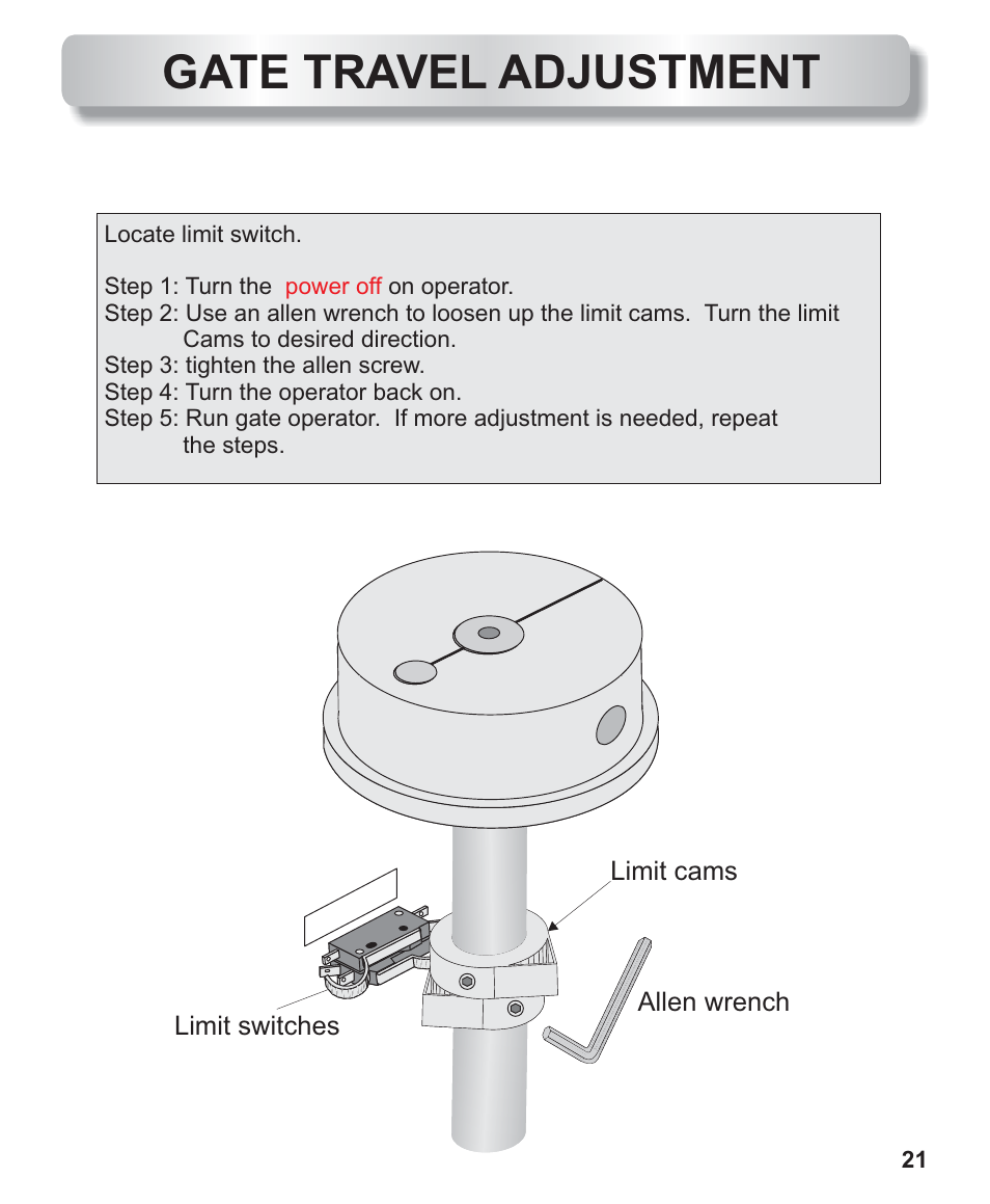 Gate travel adjustment(limit adjustment), Gate travel adjustment | Controlled Products Systems Group AOMSW300 User Manual | Page 13 / 31