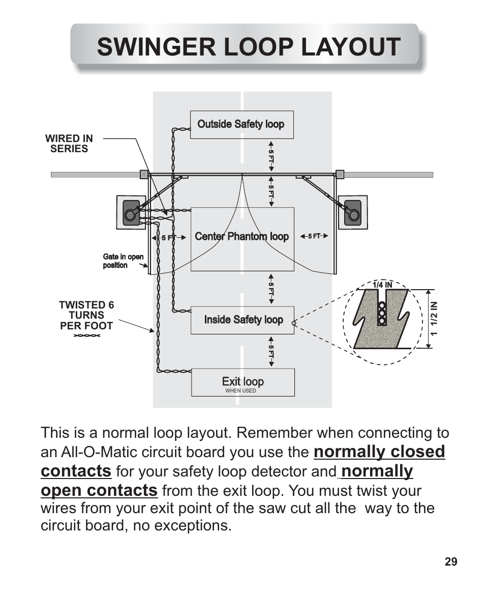 Loops layout, Swinger loop layout, Normally closed contacts normally open contacts | Exit loop | Controlled Products Systems Group AOMSW300 User Manual | Page 17 / 31