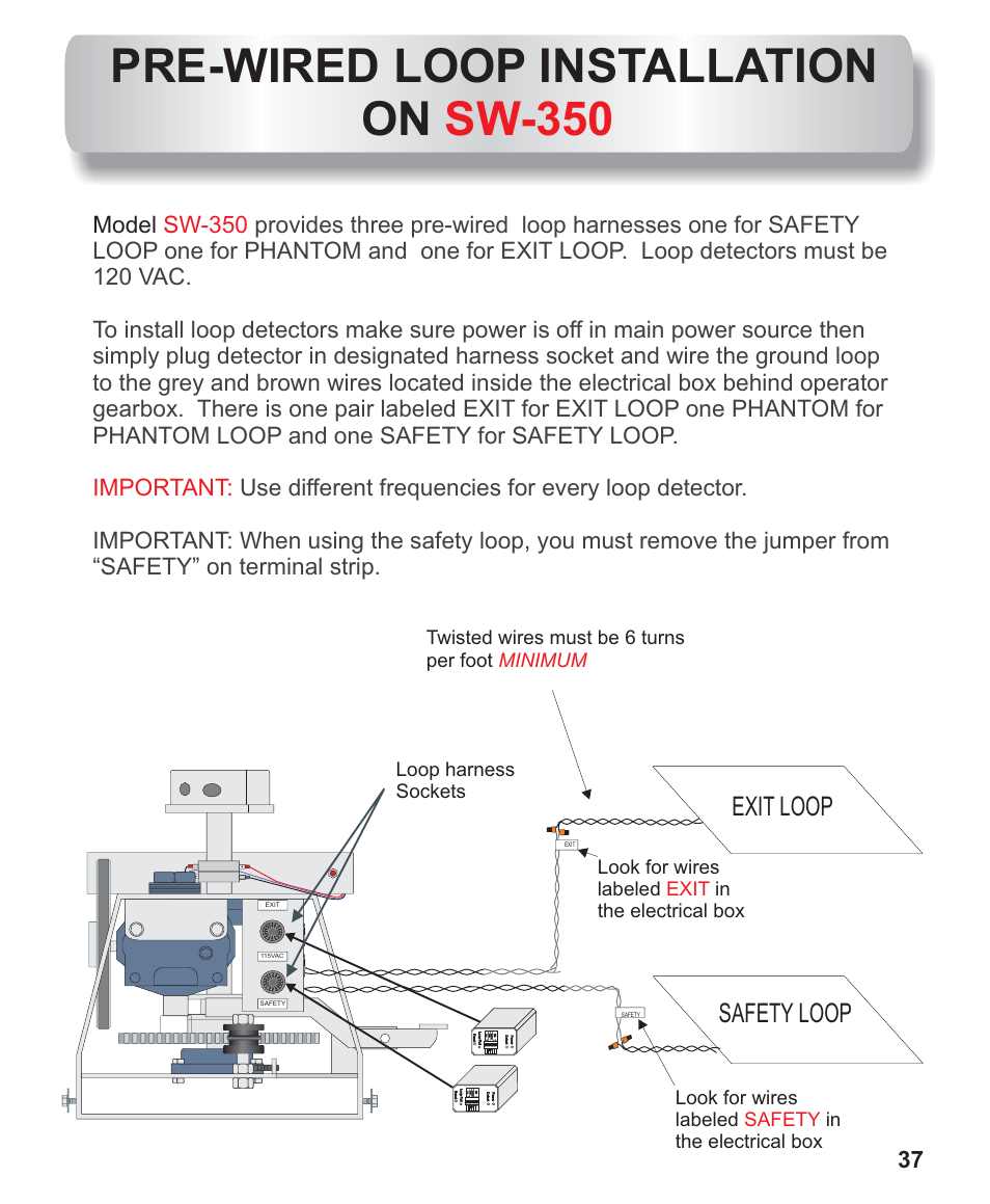 Pre-wired loop installation on sw-350, Exit loop safety loop | Controlled Products Systems Group AOMSW300 User Manual | Page 21 / 31