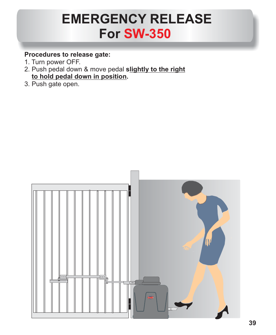 Emergency release on sw-350, Emergency release for sw-350 | Controlled Products Systems Group AOMSW300 User Manual | Page 22 / 31