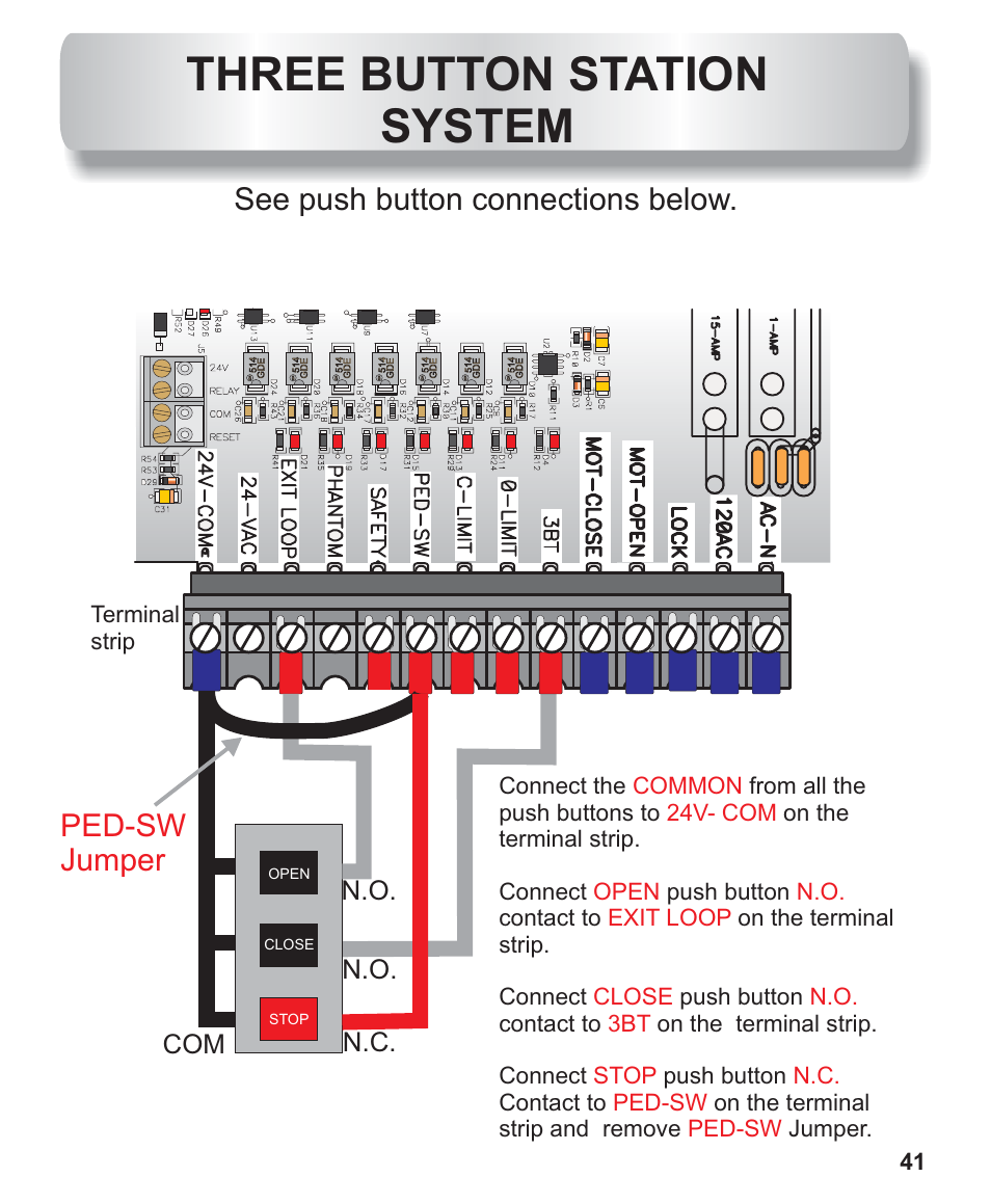 Three button station installation, Three button station system, Ped-sw jumper | See push button connections below, N.c. n.o. n.o. com, Terminal strip | Controlled Products Systems Group AOMSW300 User Manual | Page 23 / 31