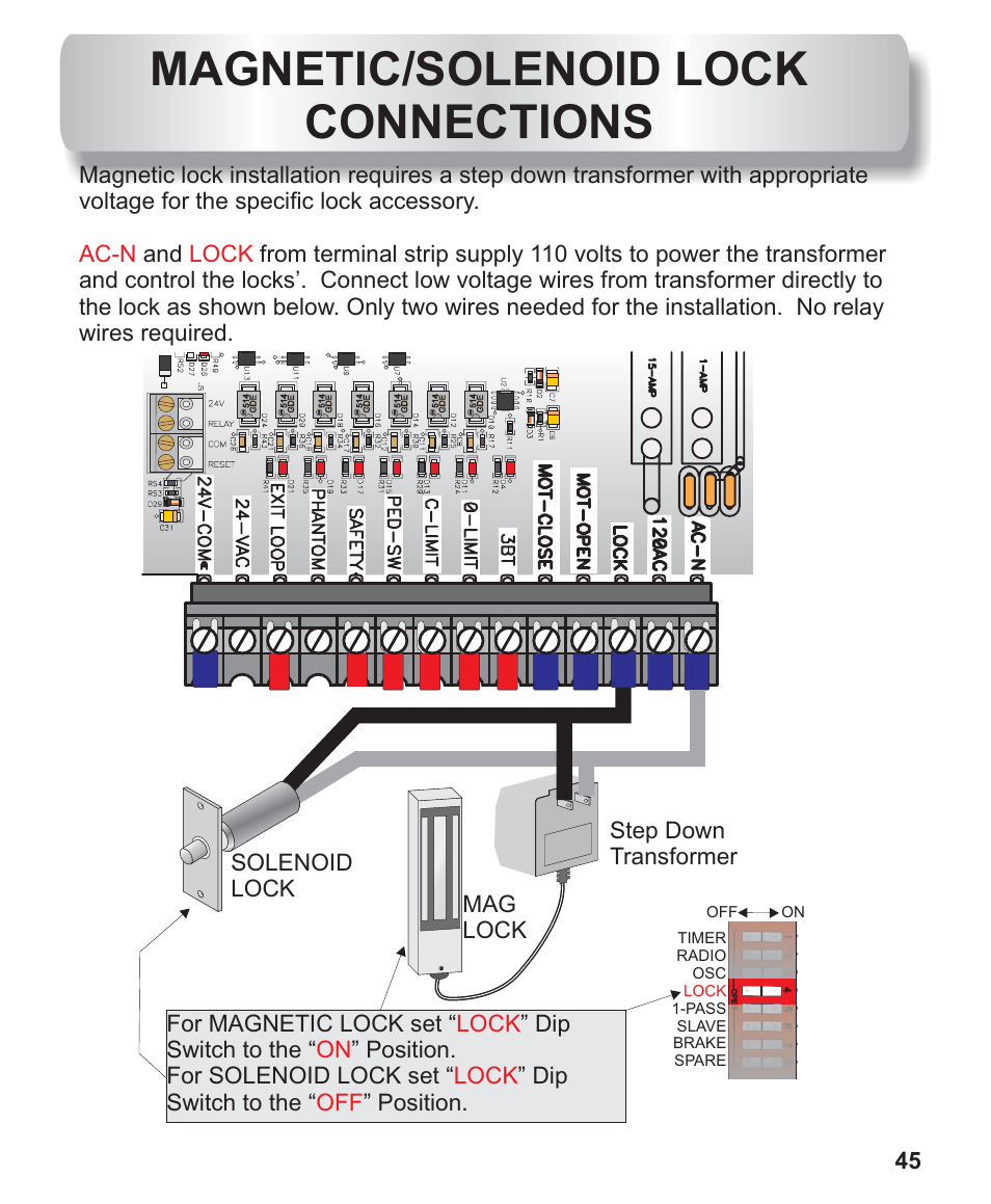 Mag/solenoid lock installation, Magnetic/solenoid lock connections | Controlled Products Systems Group AOMSW300 User Manual | Page 25 / 31