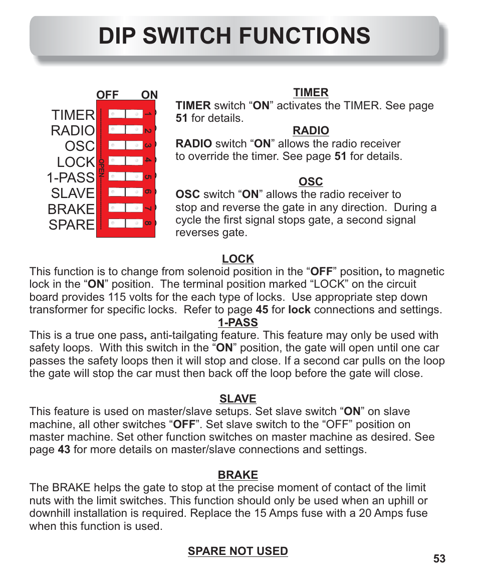 Dip switch functions, Timer radio osc lock 1-pass slave brake spare | Controlled Products Systems Group AOMSW300 User Manual | Page 29 / 31