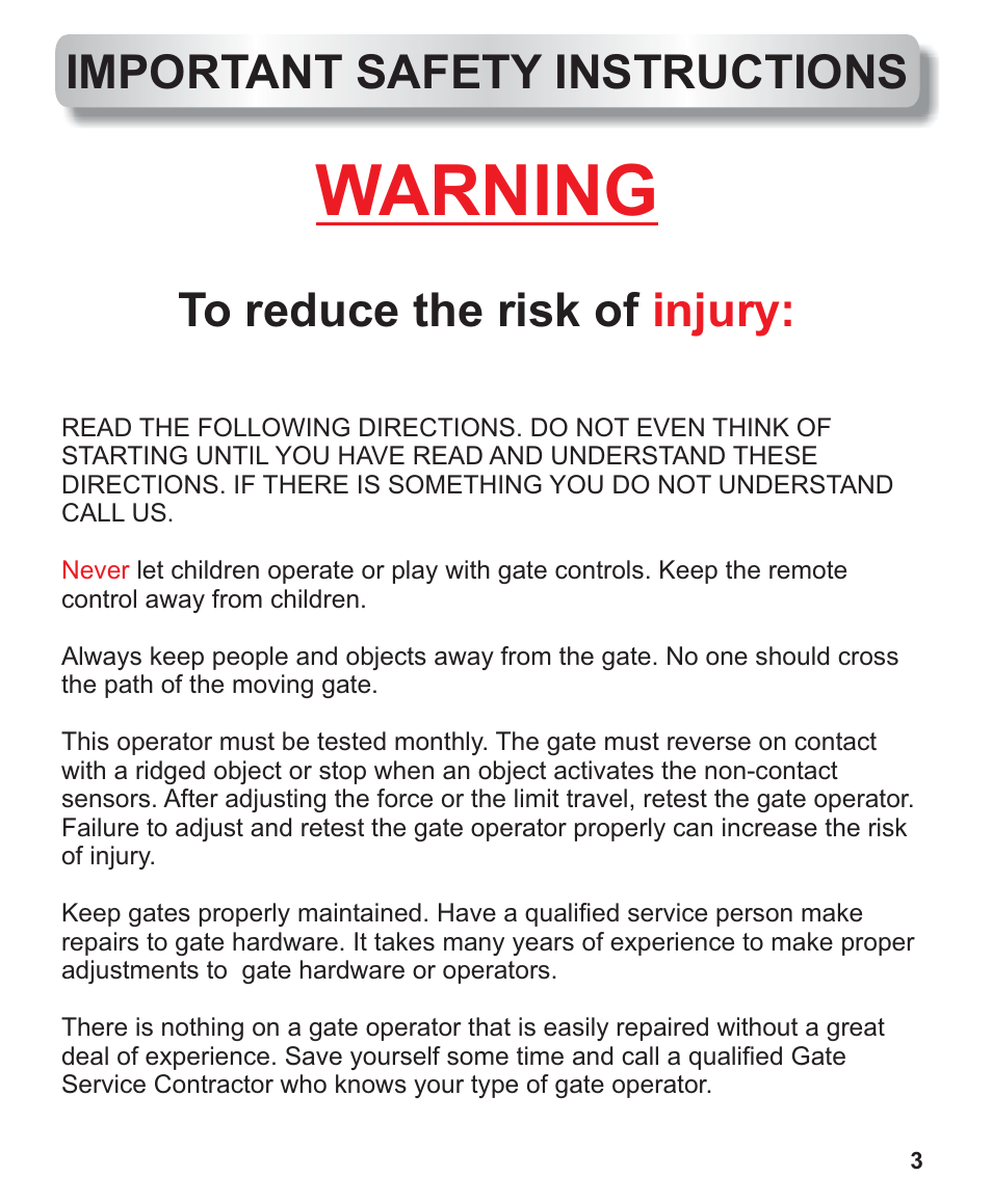 Important safety instructions, Warning, Injury | Controlled Products Systems Group AOMSW300 User Manual | Page 3 / 31