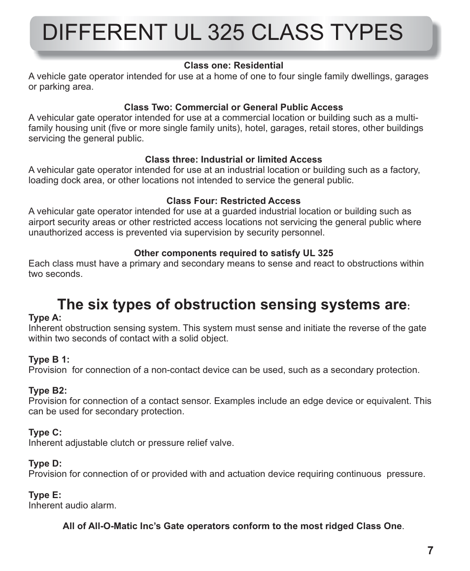Different ul 325 class types, The six types of obstruction sensing systems are | Controlled Products Systems Group AOMSW300 User Manual | Page 5 / 31
