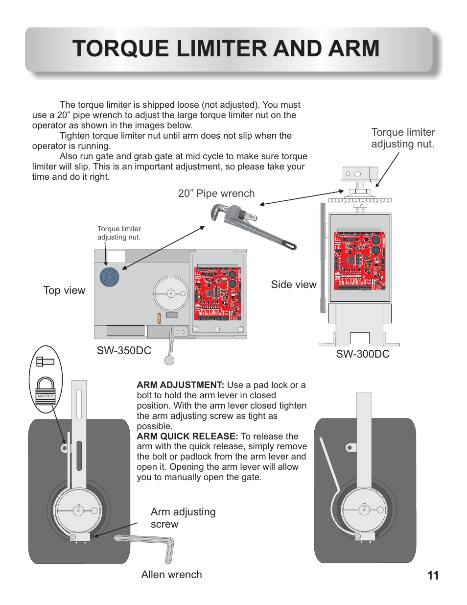 Torque limiter and arm, Sw-350dc top view, 20” pipe wrench torque limiter adjusting nut | Allen wrench arm adjusting screw, Sw-300dc side view | Controlled Products Systems Group AOMSW350DC User Manual | Page 12 / 32