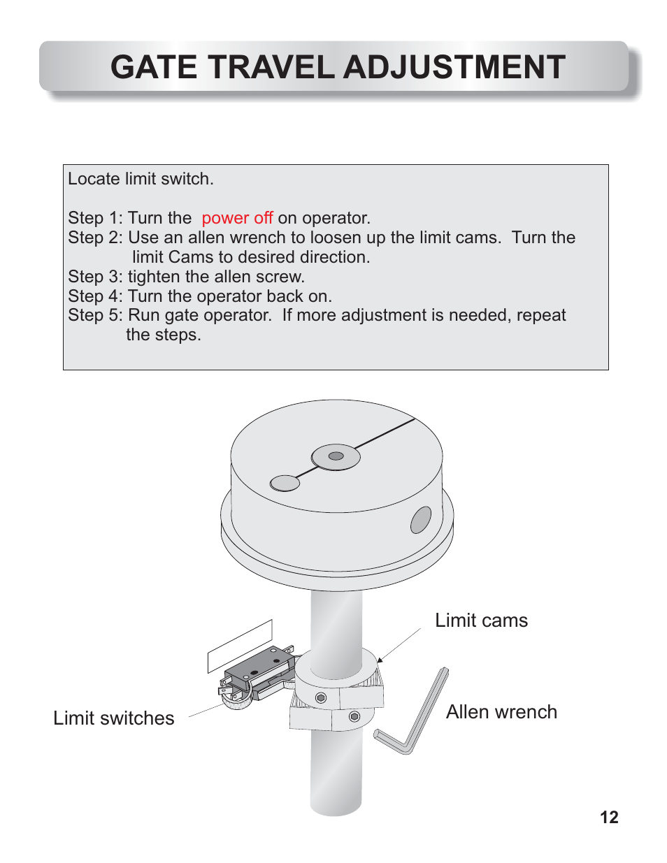 Gate travel adjustment | Controlled Products Systems Group AOMSW350DC User Manual | Page 13 / 32