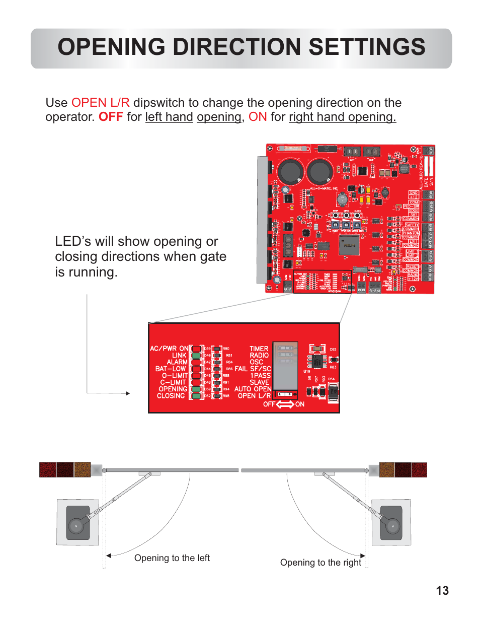 Opening direction settings, Opening to the right opening to the left | Controlled Products Systems Group AOMSW350DC User Manual | Page 14 / 32