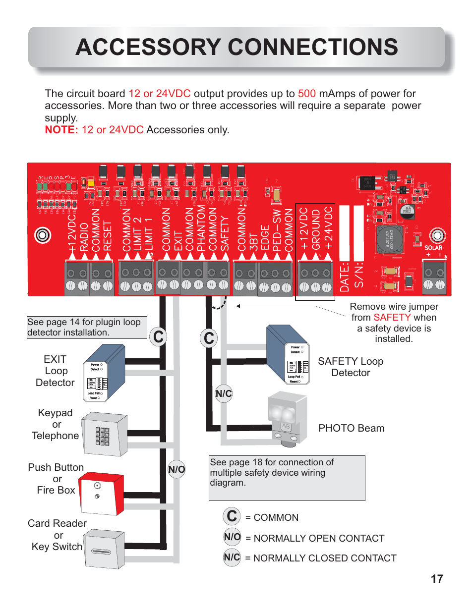 Accessory connections, Uv v, Common n/c n/o | Controlled Products Systems Group AOMSW350DC User Manual | Page 18 / 32