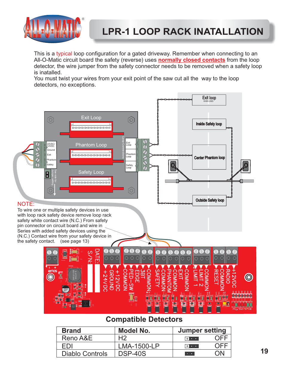 Lpr-1 loop rack inatallation, Compatible detectors, Exit loop phantom loop safety loop | Uv v, Exit loop | Controlled Products Systems Group AOMSW350DC User Manual | Page 20 / 32