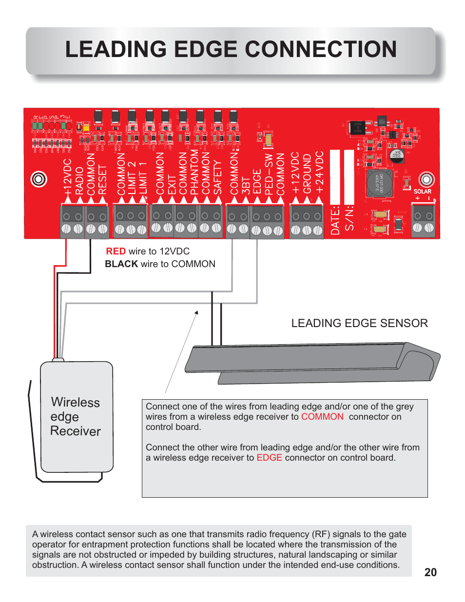 Leading edge connection, Wireless edge receiver, Leading edge sensor | Uv v, Wire to 12vdc red wire to common black | Controlled Products Systems Group AOMSW350DC User Manual | Page 21 / 32
