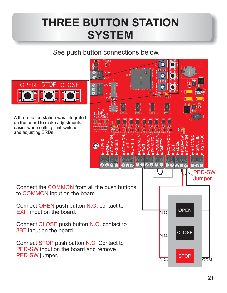 Three button station system, See push button connections below, Ped-sw jumper | Open close stop, N.c. com, Uv v, 900r3, 91 1c 0, Philips | Controlled Products Systems Group AOMSW350DC User Manual | Page 22 / 32