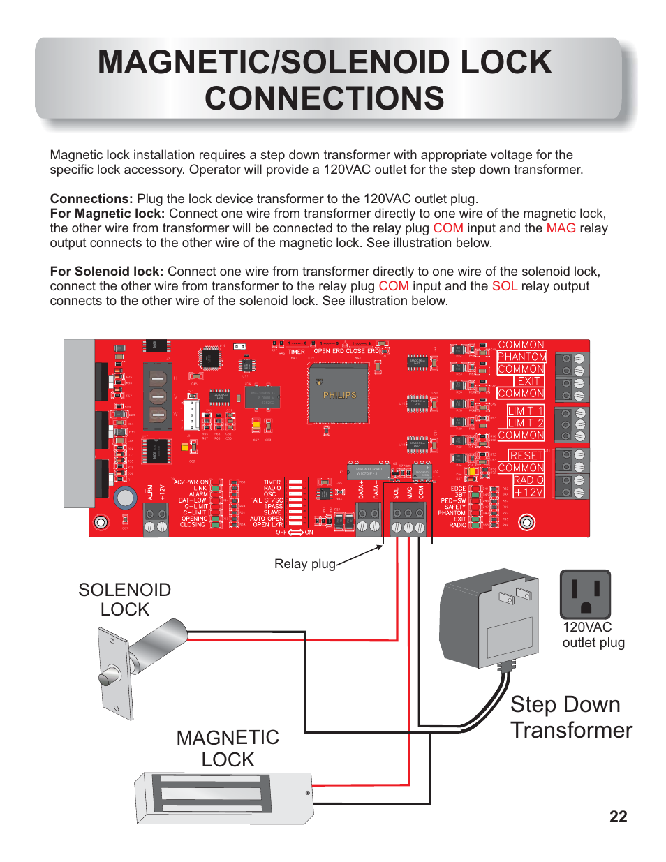 Magnetic/solenoid lock connections, Step down transformer, Magnetic lock | Solenoid lock, 120vac outlet plug, Relay plug, Philips | Controlled Products Systems Group AOMSW350DC User Manual | Page 23 / 32