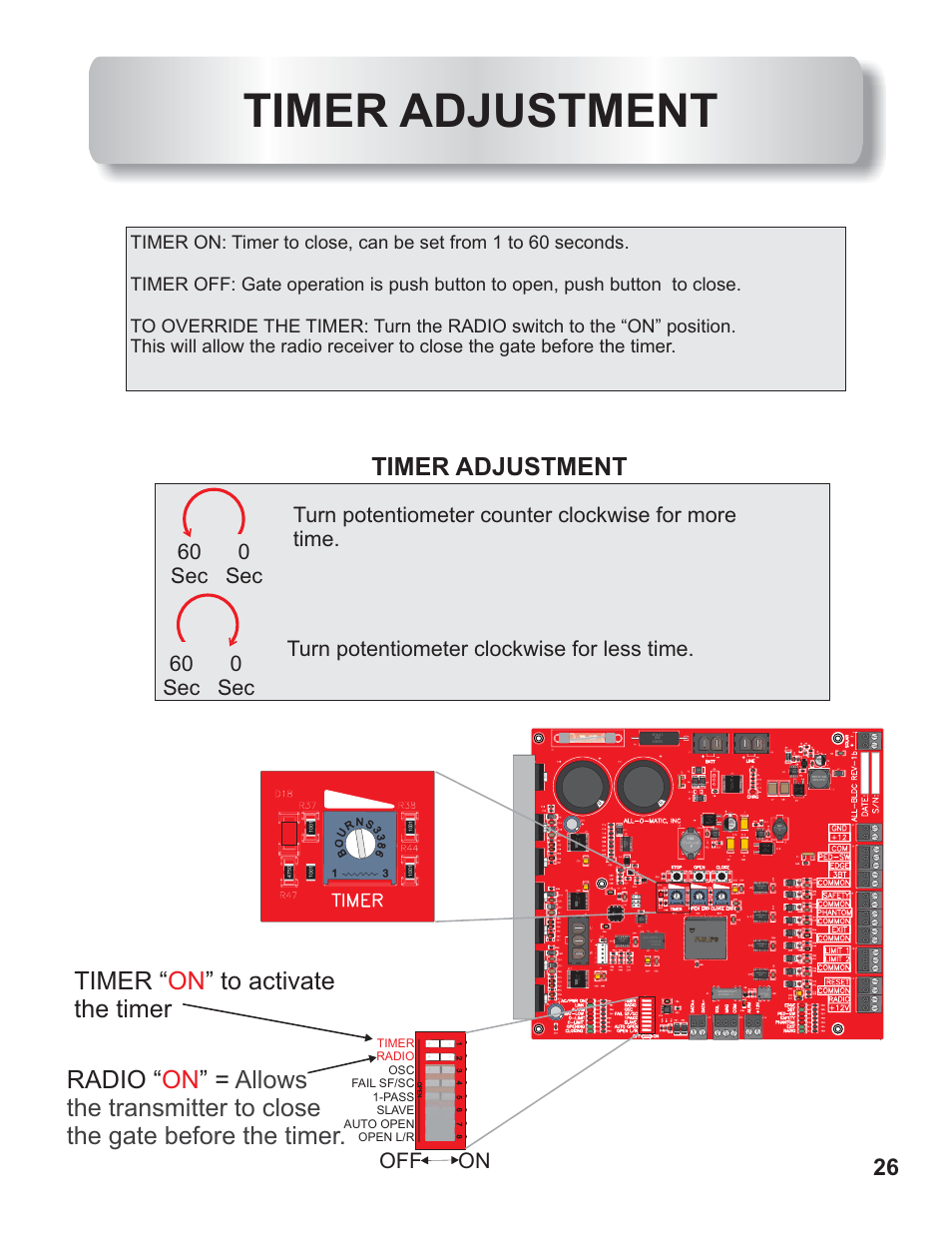 Timer adjustment, Off on | Controlled Products Systems Group AOMSW350DC User Manual | Page 27 / 32