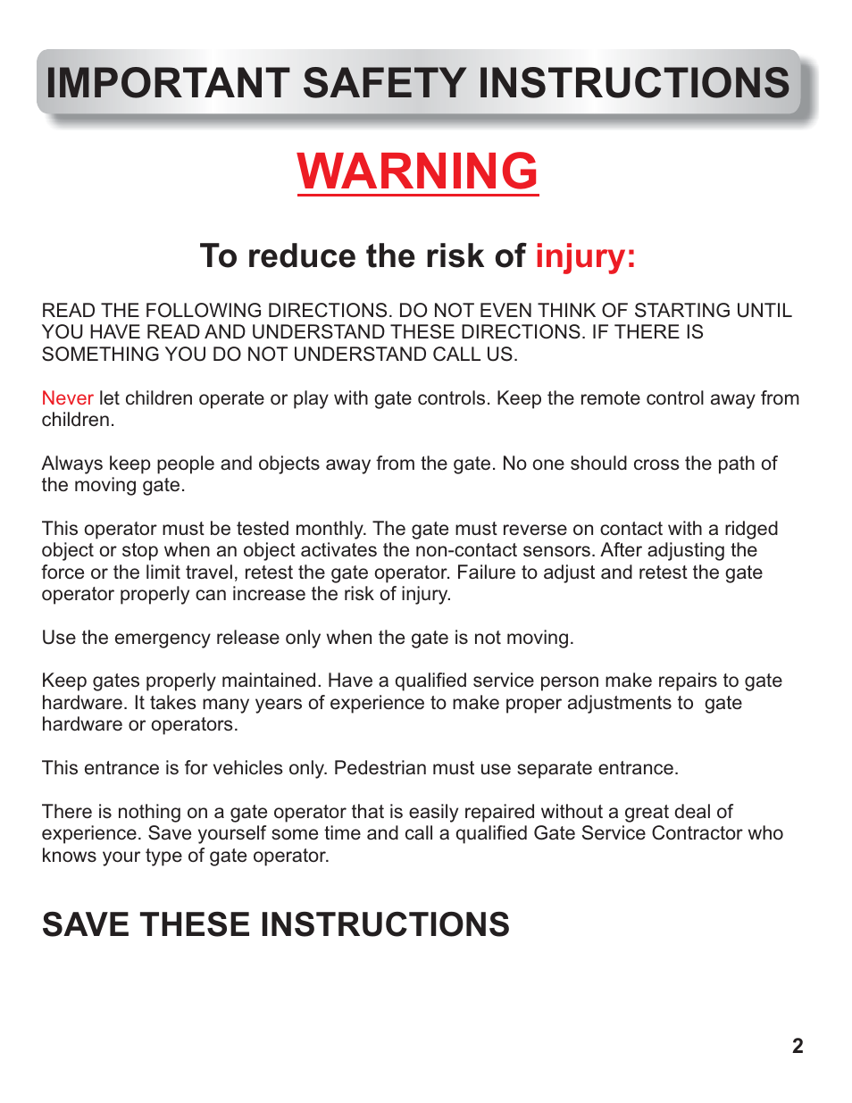 Warning, Important safety instructions, Injury | Save these instructions | Controlled Products Systems Group AOMSW350DC User Manual | Page 3 / 32