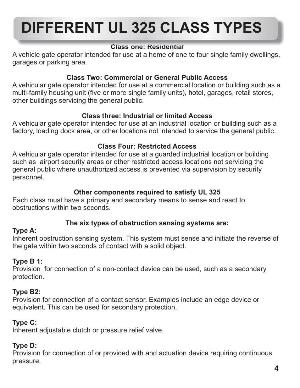 Different ul 325 class types | Controlled Products Systems Group AOMSW350DC User Manual | Page 5 / 32