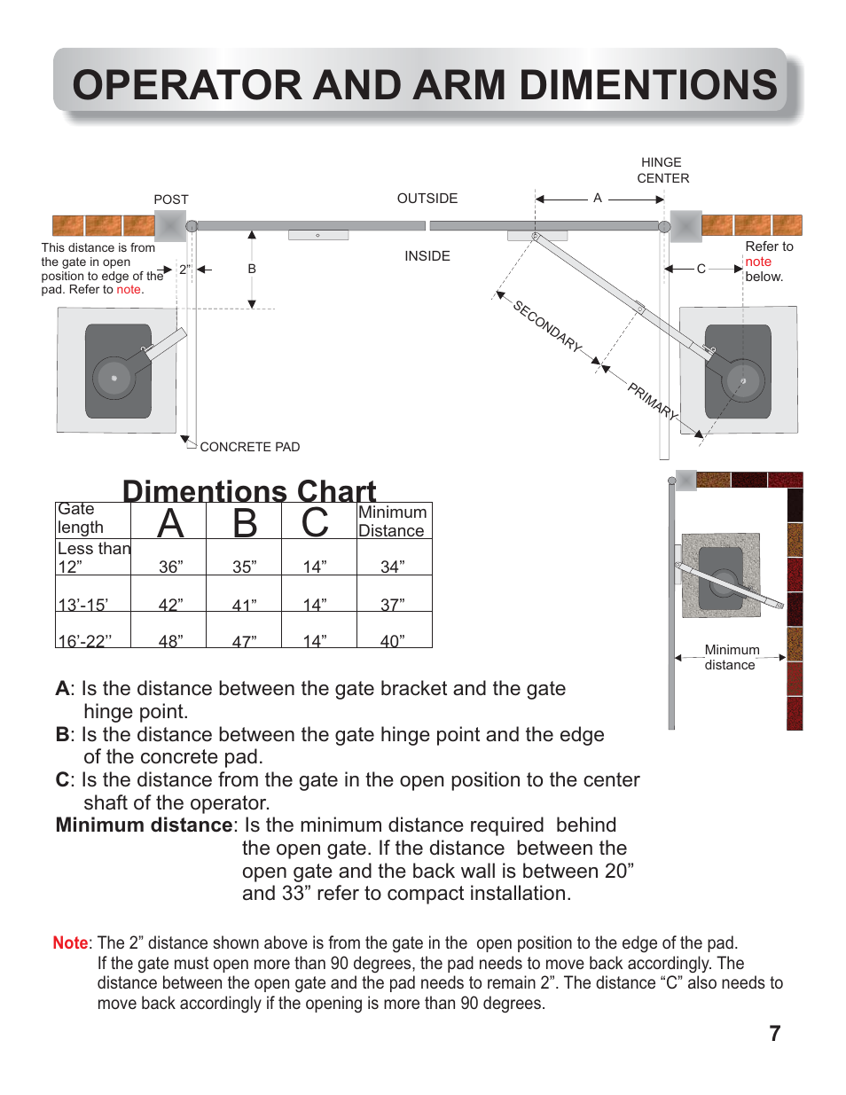 Operator and arm dimentions, Ab c, Dimentions chart | Controlled Products Systems Group AOMSW350DC User Manual | Page 8 / 32