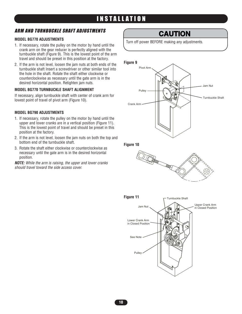 Arm and turnbuckle shaft adjustments, Warning caution warning warning | Controlled Products Systems Group BG7705011 User Manual | Page 10 / 24