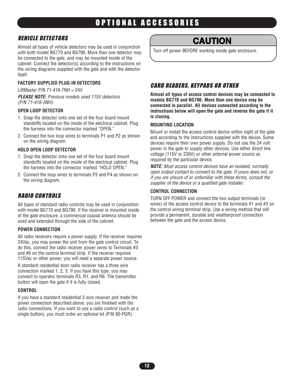 Optional accessories, Warning caution warning warning | Controlled Products Systems Group BG7705011 User Manual | Page 12 / 24