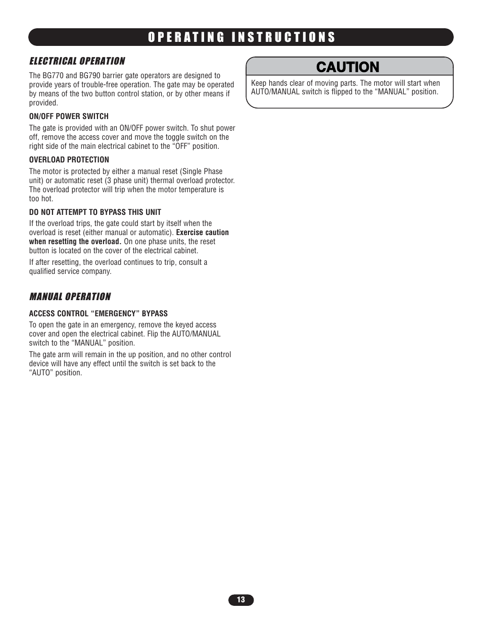 Operating instructions, Manual operation, Warning caution warning warning | Controlled Products Systems Group BG7705011 User Manual | Page 13 / 24