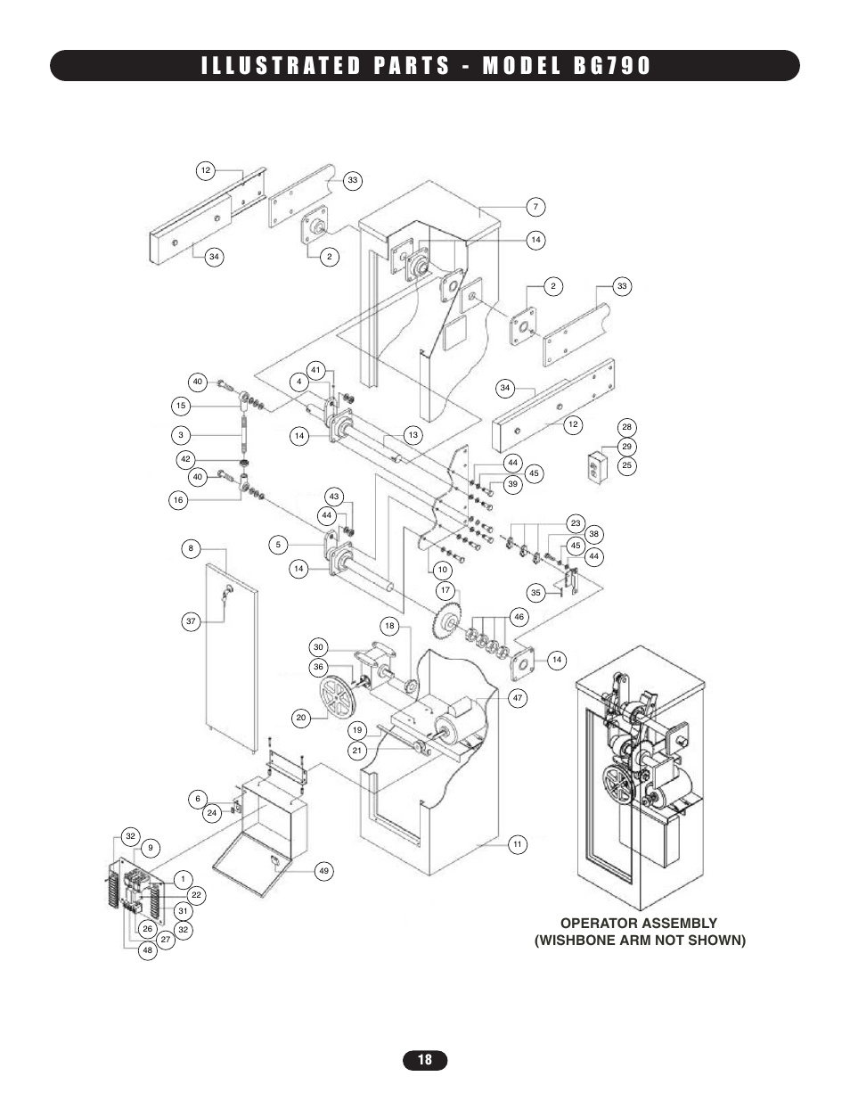 Illustrated parts - model bg790, Operator assembly (wishbone arm not shown) | Controlled Products Systems Group BG7705011 User Manual | Page 18 / 24